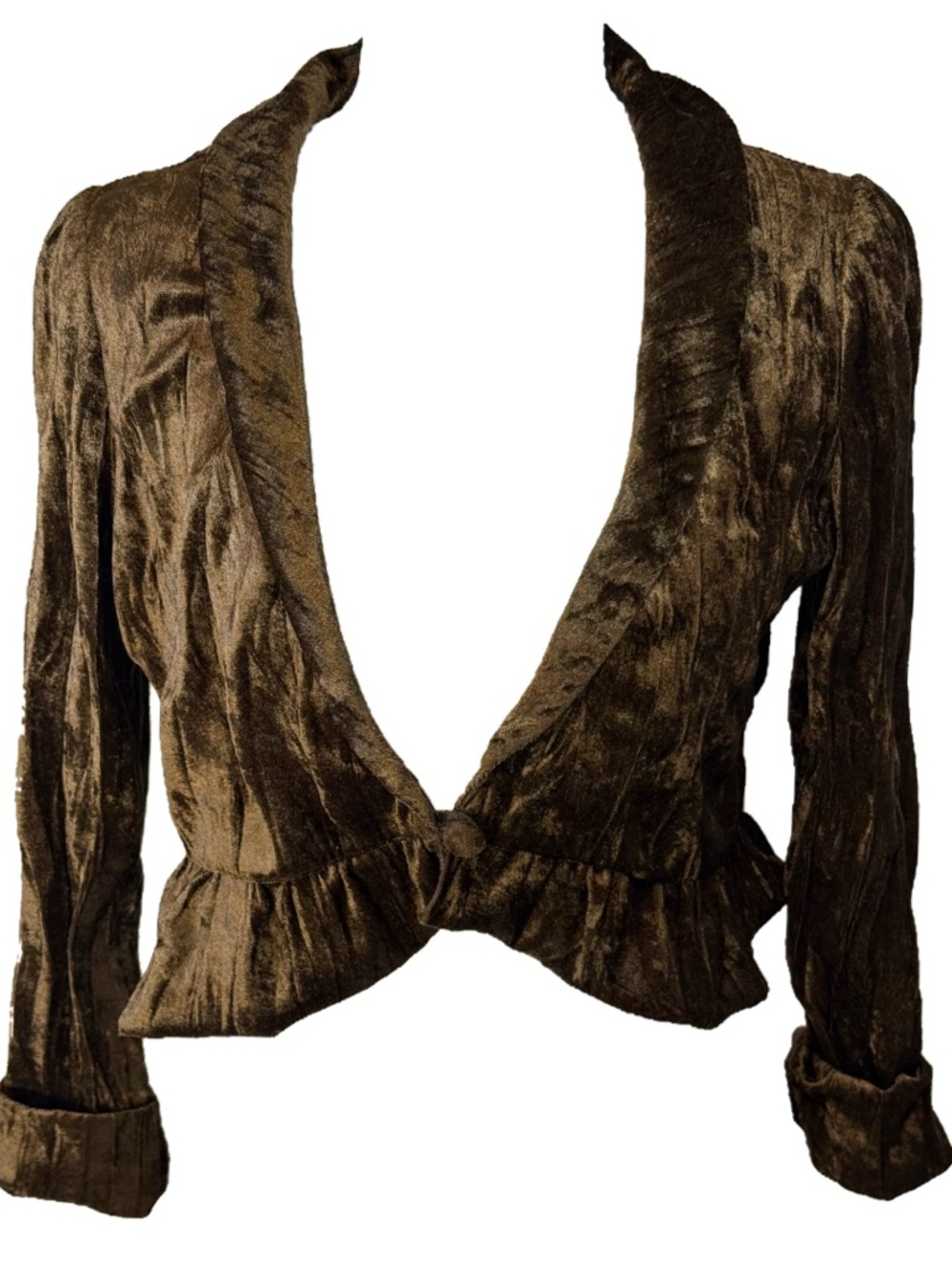 Chocolate brown crushed velvet cropped ruffled romantic cardigan Lily White